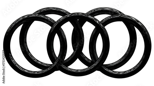 Abstract graphic illustration of four black intertwined metallic rings, symbolizing connection, unity, and strength on a white background.