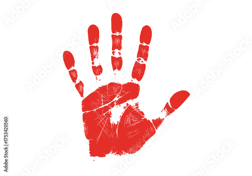 A striking red handprint design with a textured appearance suggesting a stamp or paint.