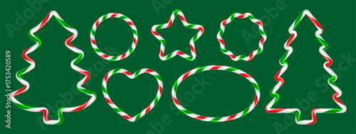 Collection of red, green, and white glossy candy cane striped borders includes various holiday shapes like a Christmas tree, star, and heart