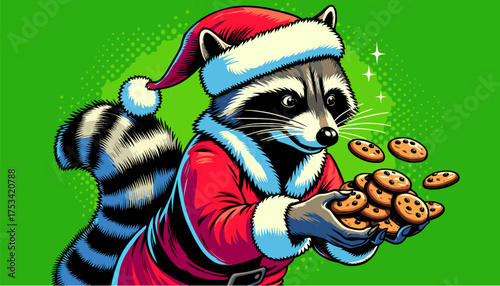 Raccoon in Santa hat holding cookies in bold pop art vector design
