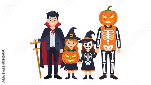 Halloween Family Costume: A family embraces the spirit of Halloween with creative costumes, dressed as a vampire, pumpkin, skeleton, and witch, capturing the fun and spooky essence of the holiday.
