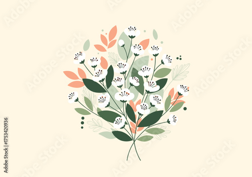 A delicate bouquet of white wildflowers with green leaves and subtle peach accents on a soft cream background.