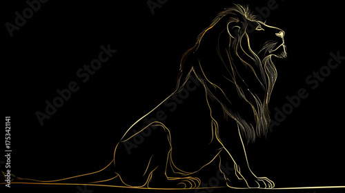 Majestic Golden Lion Outline Sitting on Black Background, Elegant Feline Digital Art, Symbol of Strength, Leadership, and Royalty