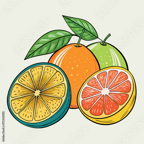 Colorful citrus fruit illustration featuring oranges, lemons, and limes with fresh green leaves, drawn in a vibrant cartoon style