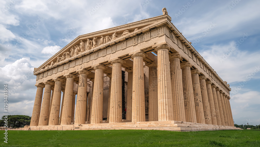 Naklejka premium Stately Temple with Columns Against Dramatic Cloudy Sky
