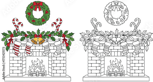 Christmas Fireplace with Holly Garland, Stockings, Wreath, Candy Canes, and Bells - Festive Holiday Home Decor Illustration