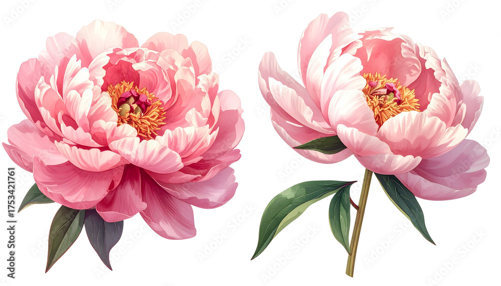 Two variations of blooming peony flowers isolated on transparent background