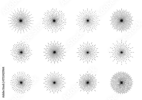 A collection of twelve abstract radiating starburst patterns with dark speckles and lines on a white background.