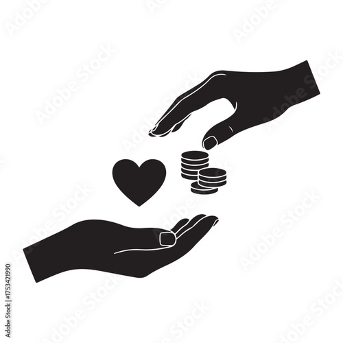 Minimalist Black Silhouette Hands Exchanging Heart and Money for Charity
