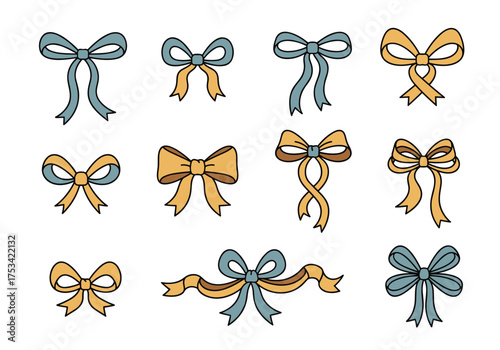 A collection of twelve decorative bows with blue and orange hues for creative projects.