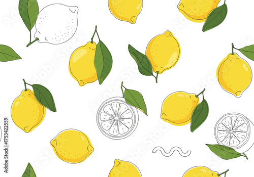 A seamless pattern featuring vibrant yellow lemons with fresh green leaves and subtle sketched outlines.