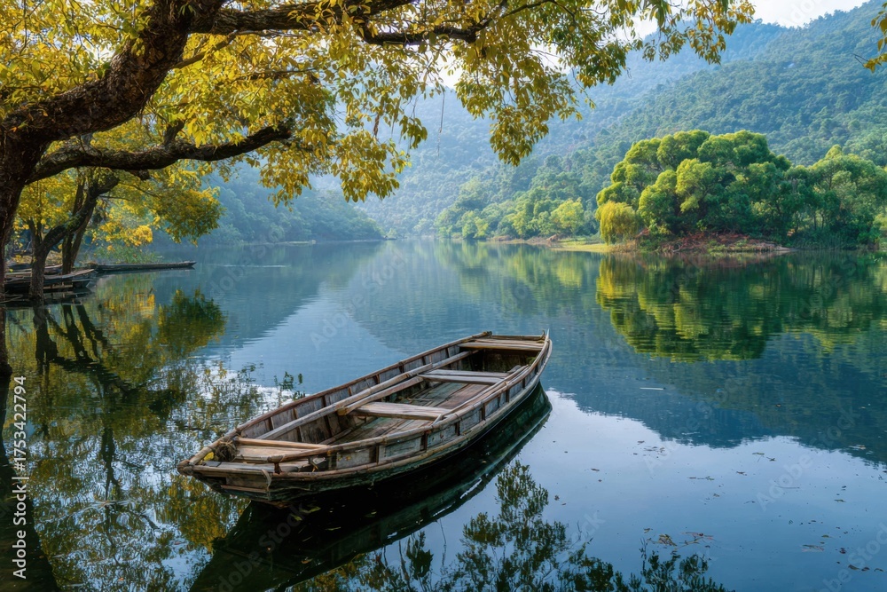 Obraz premium Wooden boat on tranquil blue water lake reflection