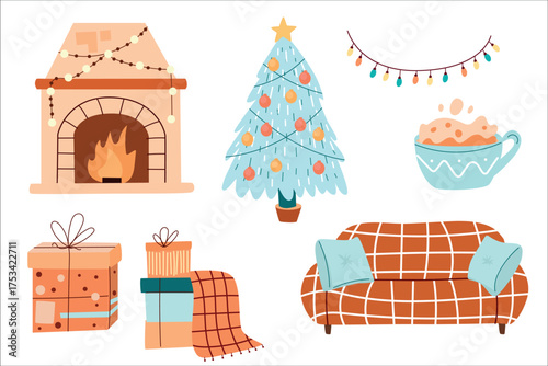A cozy winter scene featuring a decorated Christmas tree, a warm fireplace, gifts, a cup of hot cocoa, and a comfortable couch with a blanket.