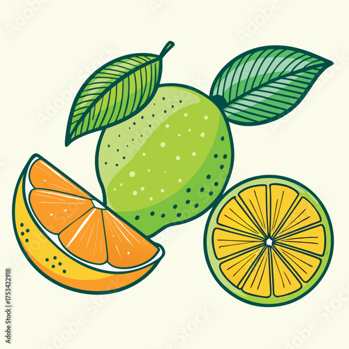 Colorful citrus fruit illustration featuring oranges, lemons, and limes with fresh green leaves, drawn in a vibrant cartoon style