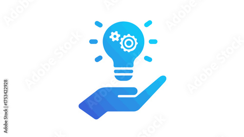 Creative solution idea concept. Hand holding glowing light bulb with gears icon. Innovation, problem-solving, and technological progress.