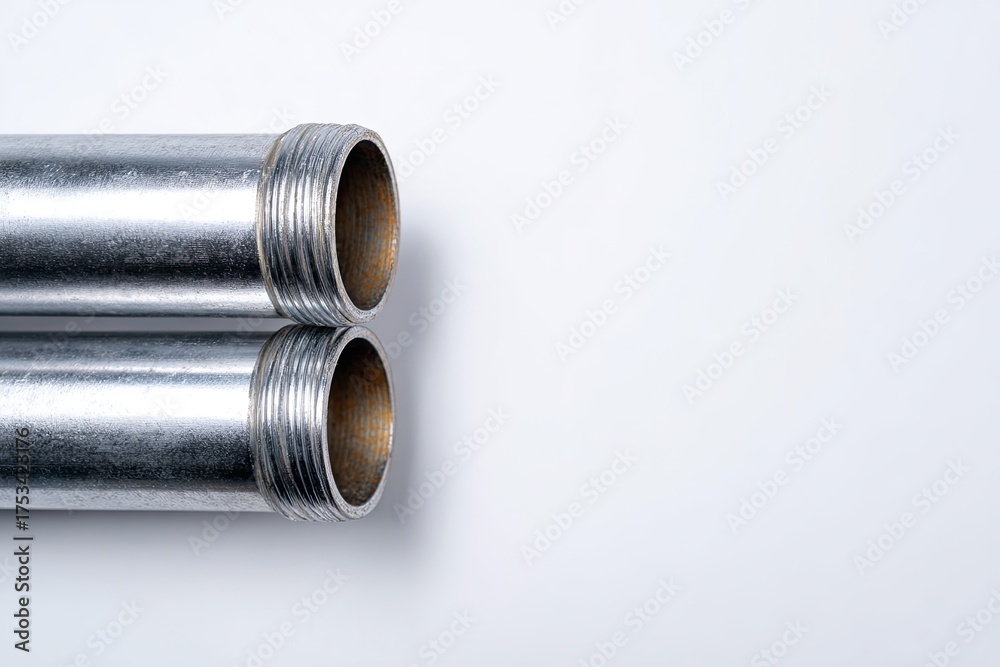 Fototapeta premium Close-up of two metal pipes with threaded ends, arranged parallel against a white background