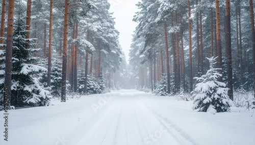 Peaceful snowy forest road surrounded by tall pine trees in winter fog
