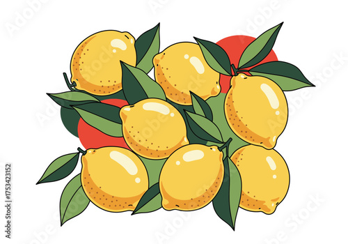 A vibrant cluster of fresh yellow lemons nestled amongst lush green leaves and bright red fruit.
