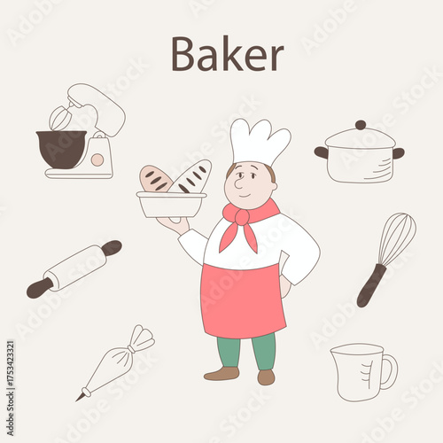 Baker. A cute vector alphabet book "Professions." An educational game for children, a visual aid.