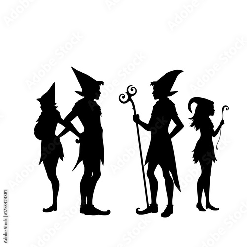 silhouettes of four fantastical creatures, possibly elves or fairies, in pointed hats and tunics