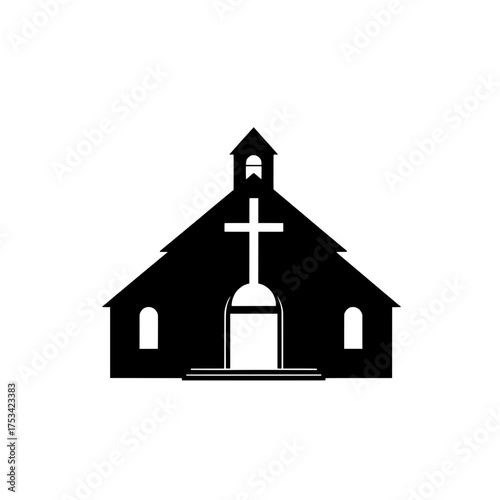 simple black and white silhouette illustration of a church building with a cross
