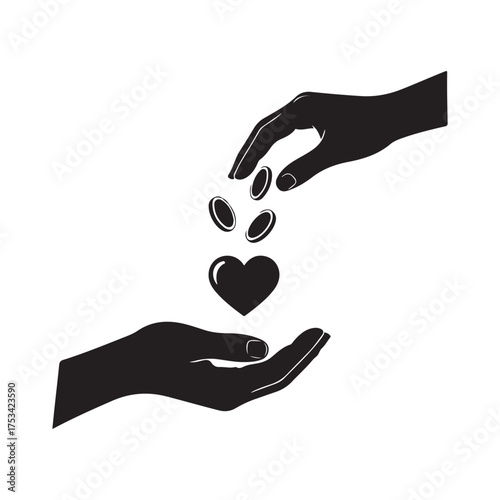 Minimalist Black Hands Giving and Receiving Heart and Coins Illustration