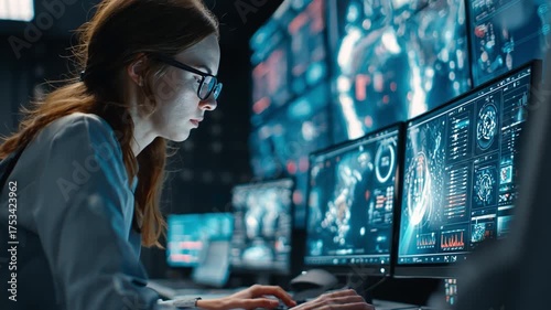 AI Control Room, operators monitoring data dashboards with holographic analytics in futuristic industrial center.