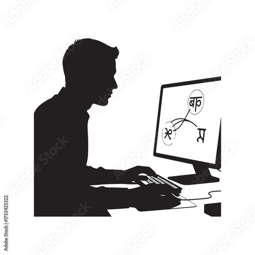 Vector Silhouette of Man at Desk, Computer Displaying Script Chart
