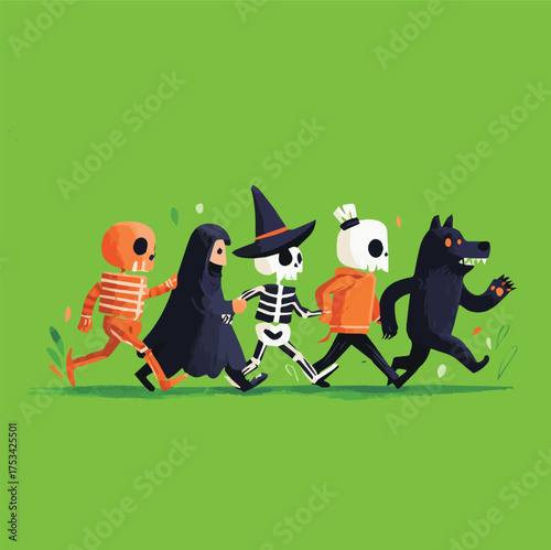 Cute Halloween cartoon characters walking together, fun modern art mascot illustration with skeleton, witch, zombie and werewolf