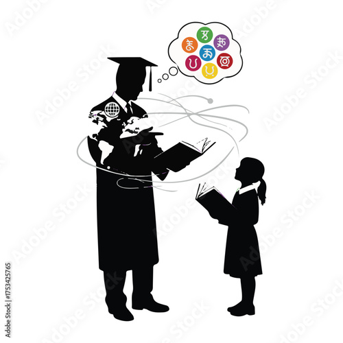 Global Education Silhouette: Teacher, Student, Books, and Diverse Language Icons