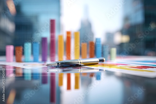 Wallpaper Mural Close-up view of a pen resting on a colorful chart with bar graphs, blurred urban background Torontodigital.ca