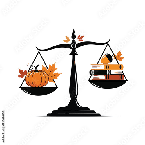 Black Balance Scale with Autumn Elements and Books Vector Art
