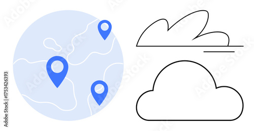 Globe with location markers for navigation, cloud outlines for storage, and digital connectivity. Ideal for global network, navigation, communication, cloud computing, technology, logistics simple