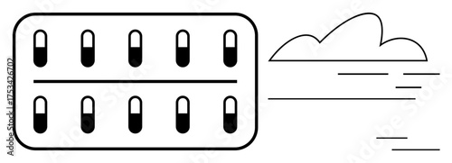 Capsule-filled blister pack with abstract cloud and lines. Ideal for healthcare, medicine, health tech, innovation, pharmaceuticals, therapy, cloud computing in health, simple flat metaphor