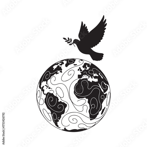 Graphic Silhouette of Dove with Olive Branch Flying Above Globe