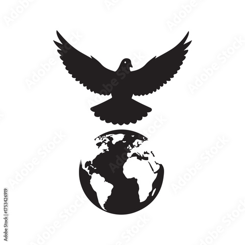 Simple black silhouette of a dove flying above a world globe.