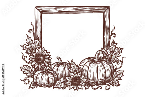 Autumn harvest frame pumpkins sunflowers sketch vector illustration