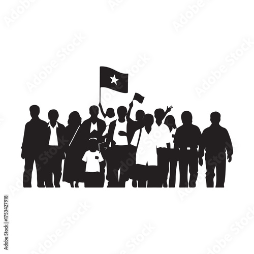 Black Silhouette Crowd Holding Flags Vector Illustration on White
