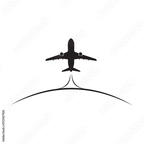 Minimalist Black Airplane Silhouette Taking Off with Curved Path Icon