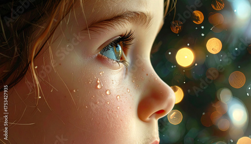 Emotional close up of a little girls tearful eye with bokeh lights.
