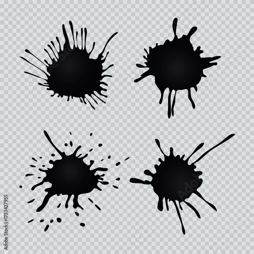 Black vector ink blot icon set featuring paint splash drops, liquid splatters, grunge stains, and decorative abstract silhouette design elements