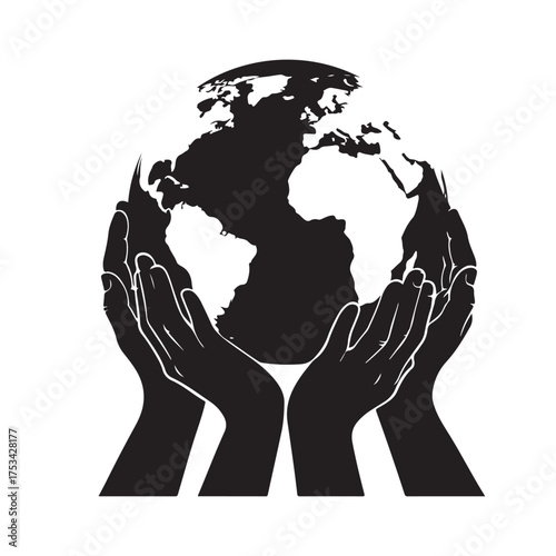 Monochrome Silhouette Illustration: Hands Cradling Planet Earth Globe Map