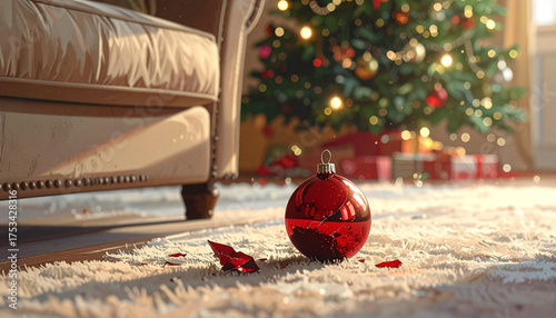Fallen and Shattered Red Christmas Bauble on a Cozy Carpet.
