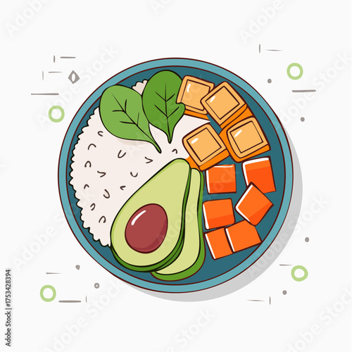 Vibrant and balanced plant-based meal concept, a healthy illustration featuring fresh avocado, leafy greens, and rice for nutritious eating and a wholesome lifestyle