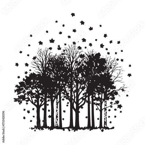 Stylized Black Forest Silhouettes with Falling Autumn Leaves Illustration