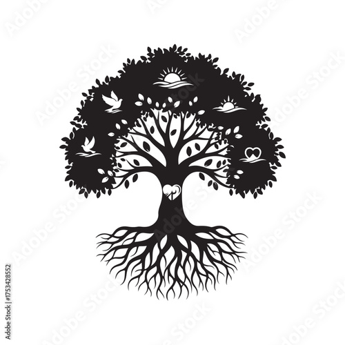 Minimalist Black Tree Silhouette with Roots and Symbolic Nature Elements