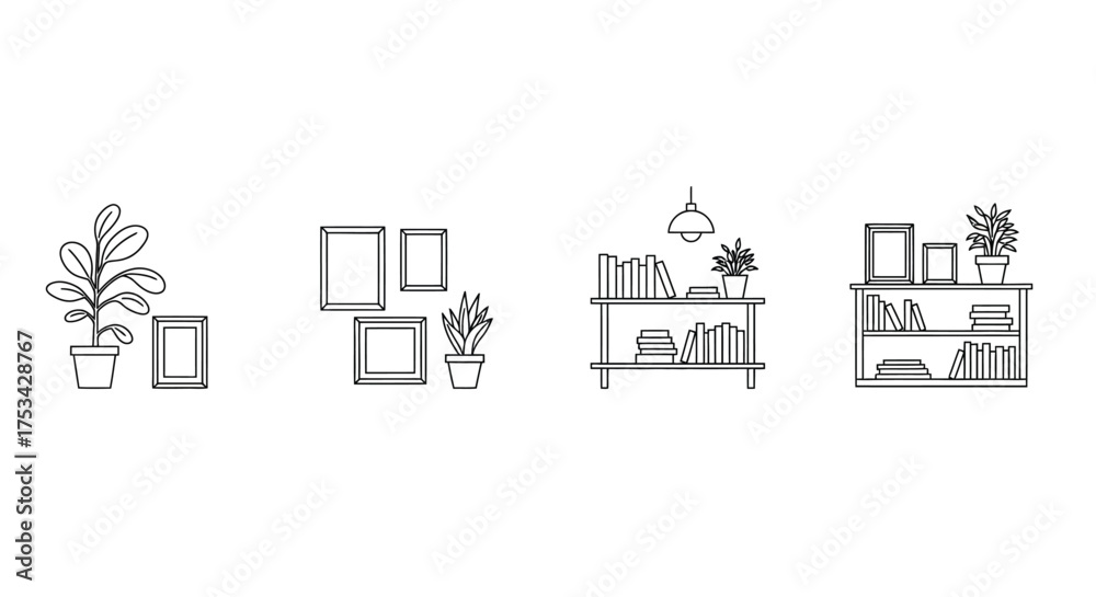 Naklejka premium Minimalist line art depicting indoor plants frames and bookshelf decor
