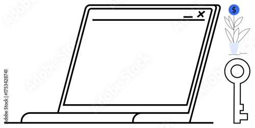Laptop screen alongside a money plant in a pot and a key, representing financial growth, opportunity, security, innovation, business strategy, entrepreneurship, and digital potential. Clean flat