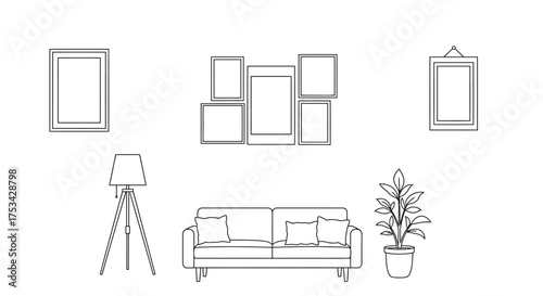 Simple living room interior with sofa lamp and framed wall art