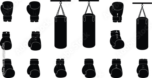 boxing, glove, punch, bag, sport, fight, training, gym, workout, exercise, martial, combat, athlete, strength, power, silhouette, vector, design, illustration, equipment